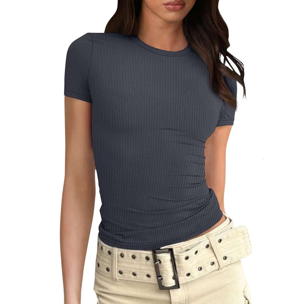 Fashion Simple Basic Round Neck Short Sleeve T-Shirt 2026 Summer New Ins Trend Solid Color Slim Fit Casual Top