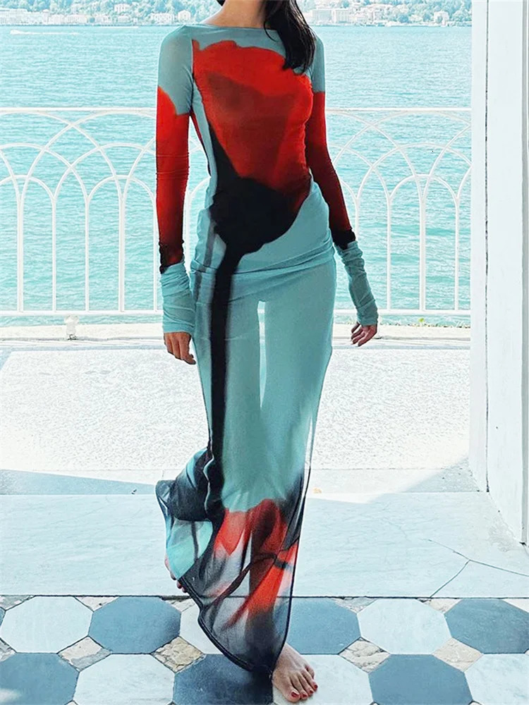 Womens Sheer Mesh Flower Long Dress Sleeve Boat Neck Boydcon Split Midi Summer Fall Coverup for Beach Club 251231