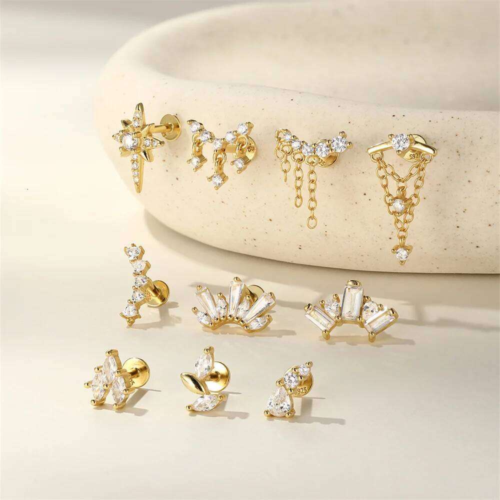 Aide 925 Sterling Silver 1Piece Geometric Zircon Piercing Earring For Women 18K Gold Flat Head Ear Studs Party Wedding Jewelry