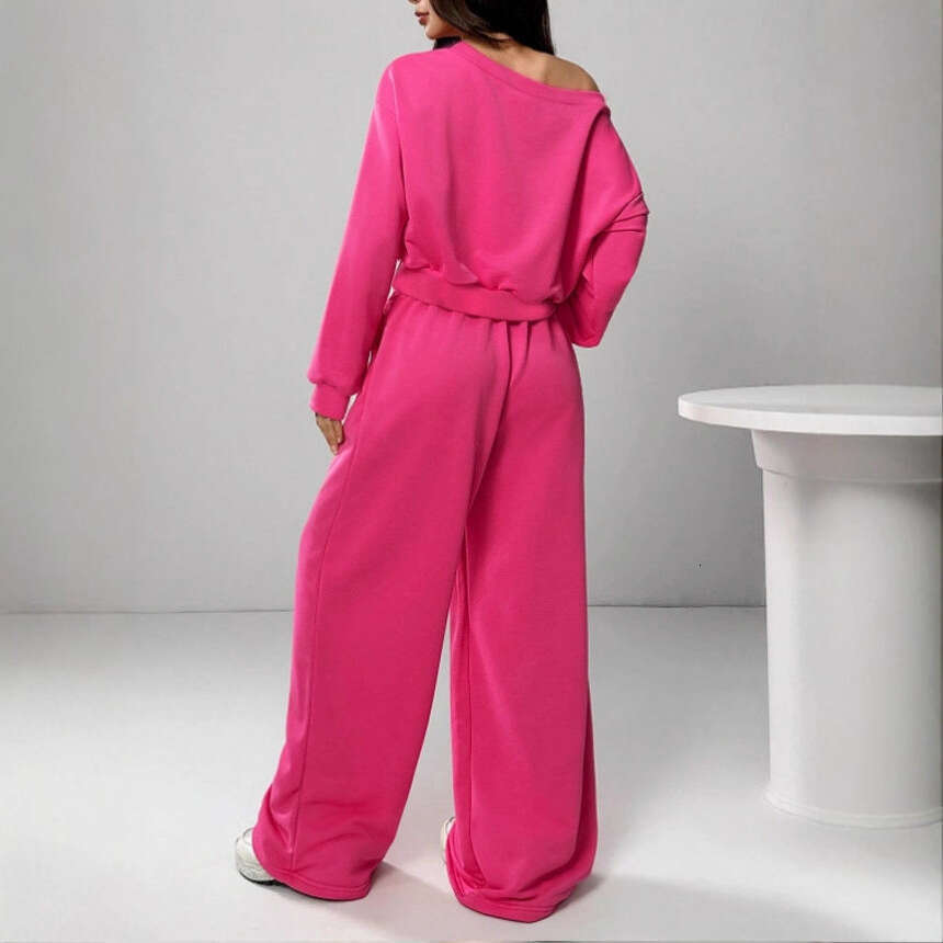 2025 European and American Cross-Border Casual Solid Color Sweatshirt Women Off-Shoulder Loose Knitted Short Long Sleeve Set