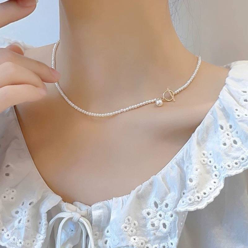 Luxury Brand Designer Jewelry Shijia Ultra-Fine Pearl OT Buckle Necklace For Women, Light Luxury Niche High-Gloss Glass Imitation Pearl Clavicle Chain