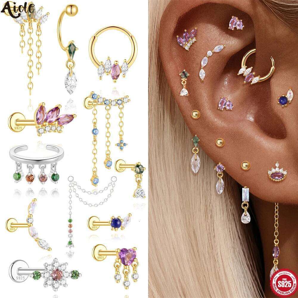 Aide 925 Sterling Silver Geometric Colors Zircon Piercing Earrings For Women Agate Amethyst Threaded Puncture Ear Bone Ins Gift