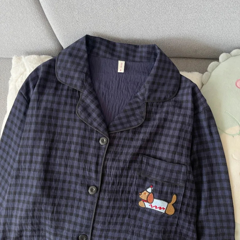 y Dog Vintage Plaid 2 Piece Suit Pyjama Femme Korean Style Casual Soft Fashion Womens Pajamas Autumn Sleepwear 251231