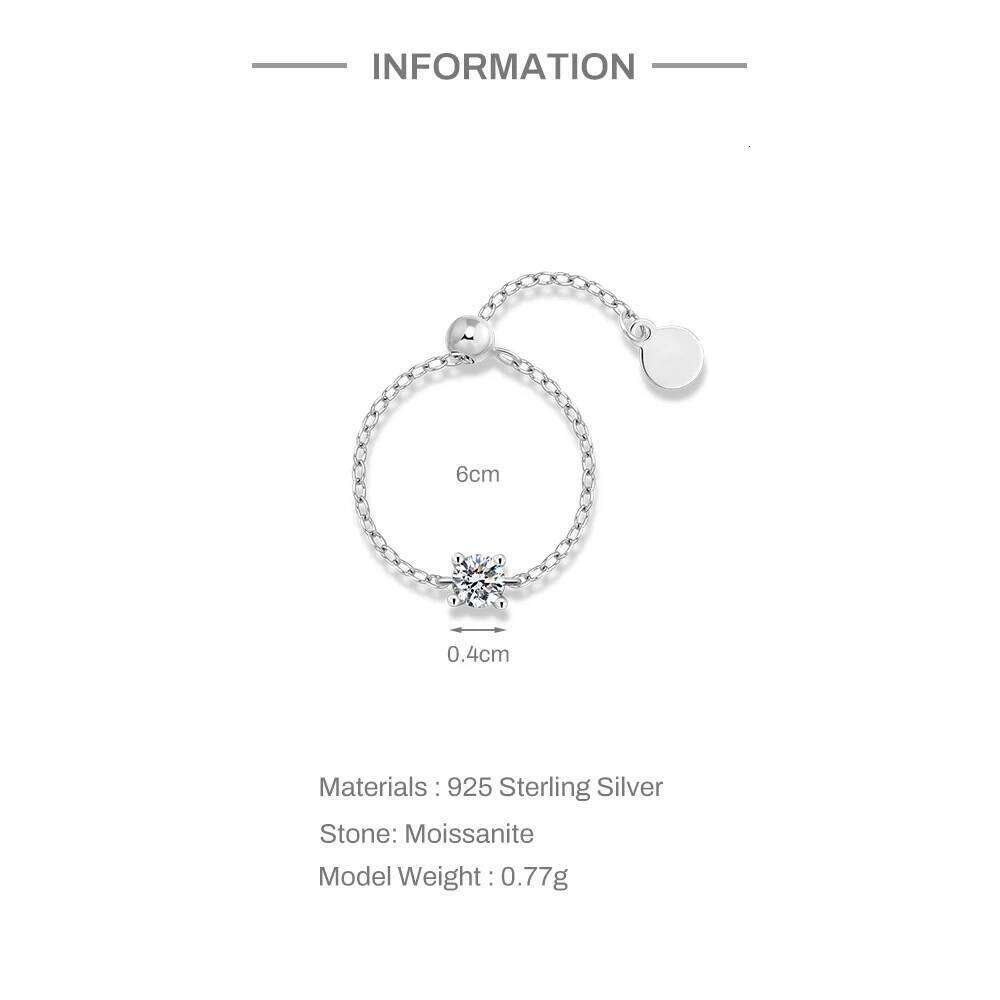 Aide S925 Sterling Silver Real Moissanite Adjustable Ring Heart Square Bead Chain Rings for Women Dainty Stackable Jewelry