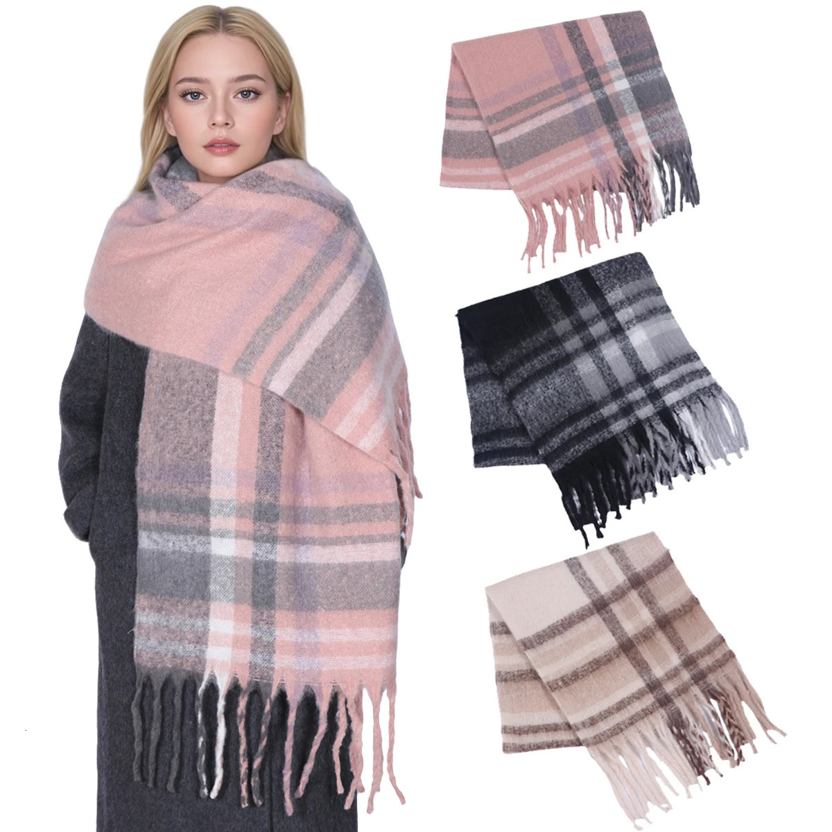 Winter Thick Stripe Cashmere Scarf for Woman Men Fashion Pashmina Large Tassel Shawls Wraps Soft Bufanda Warm Muffler Scarves 251225