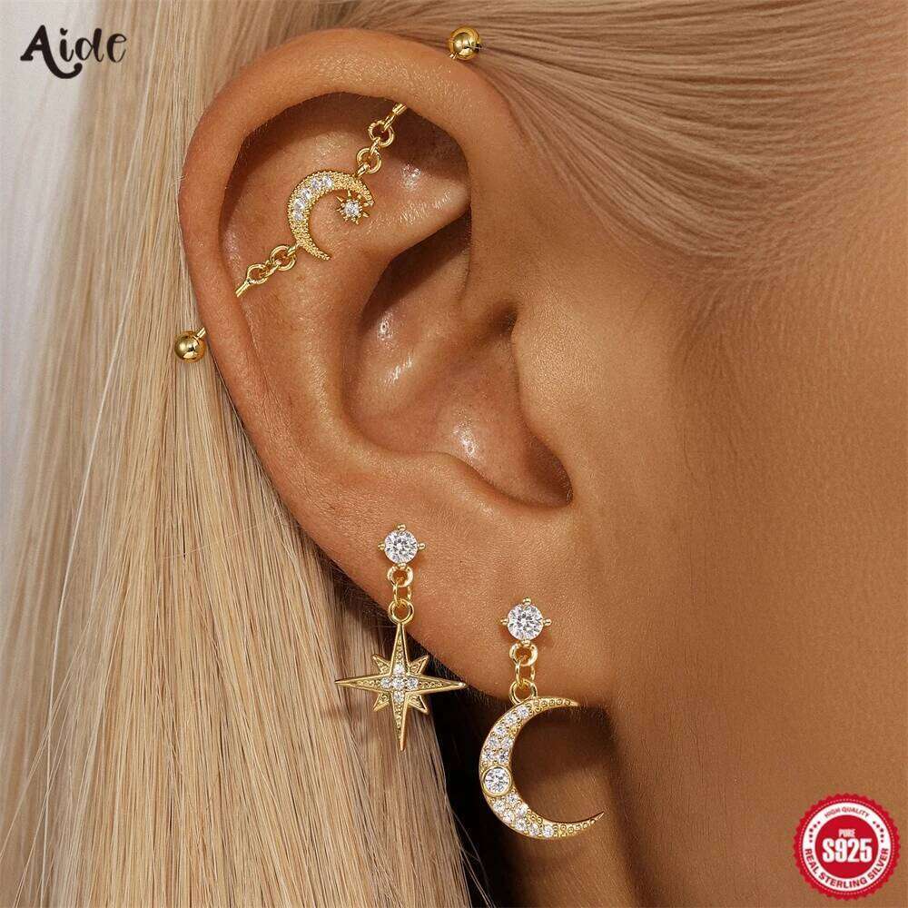 Aide 925 Sterling Silver Barbell Cute Auricular Bridge Earring Moon Star Zircon Transversal Women Body Piercing