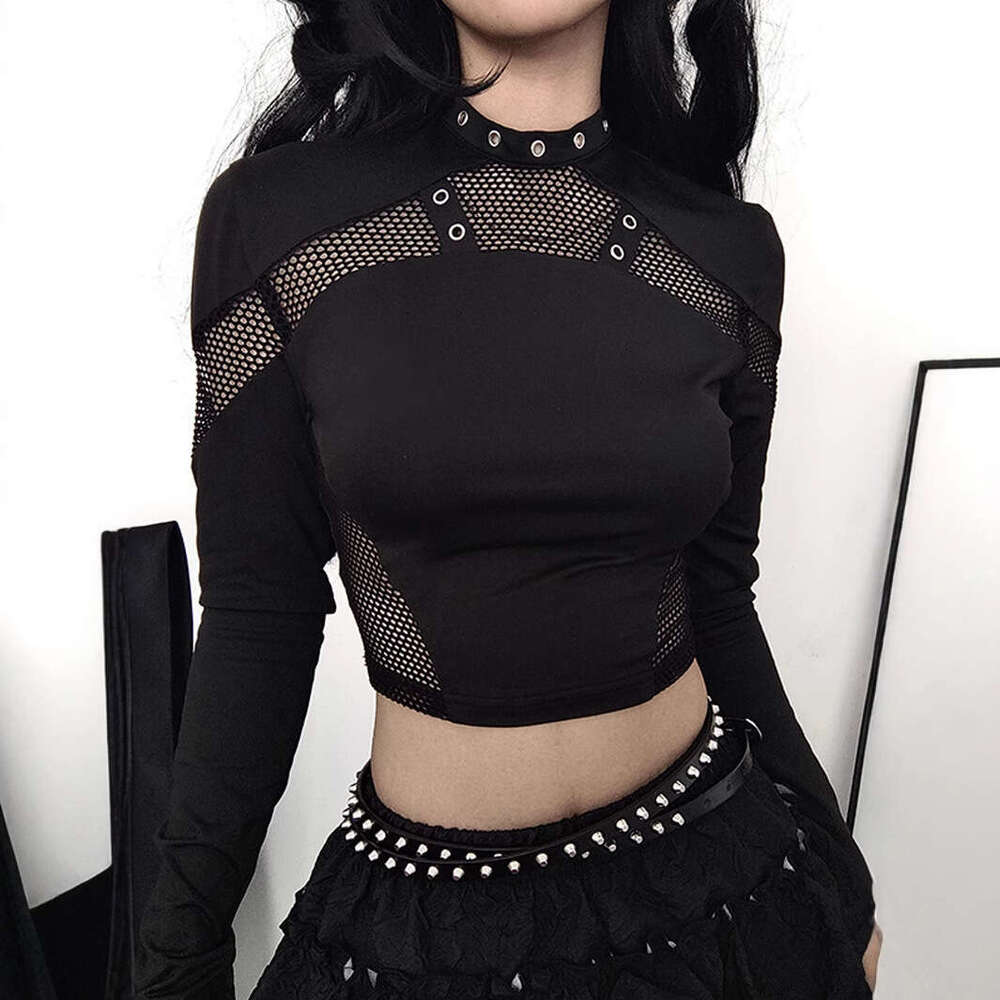 Spring and Autumn Dark Style Punk Fashion Slim Hollow Long Sleeve Top Grid Patchwork Solid Color T-Shirt Y2K Women's Clothing