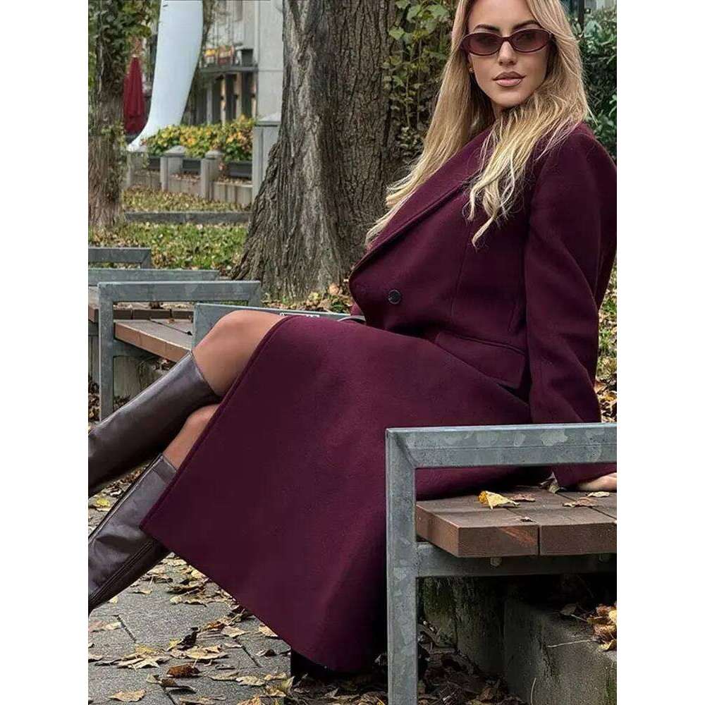 HH Women Fashion Burgundy Coat Double Breasted Long Sleeve Lapel Blends Jacket Autumn Winter High Street Outerwear