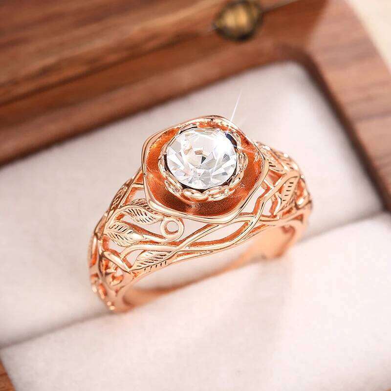 Huitan Aesthetic Rose Gold Color Flower Ring Female Engagement Accessories with Bright Zirconia Graceful Wedding Band Jewelry