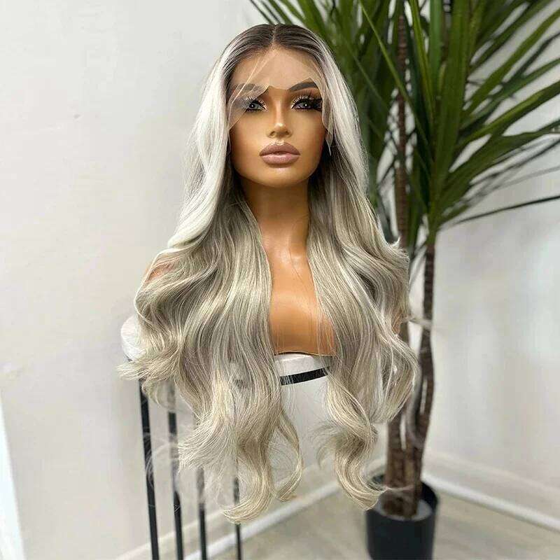 13x4 Middle Part Glueless Heat Resistant Platinum Ash Streaks Dark Roots Highlights Body Wave Lace Front Wig 26 Inch