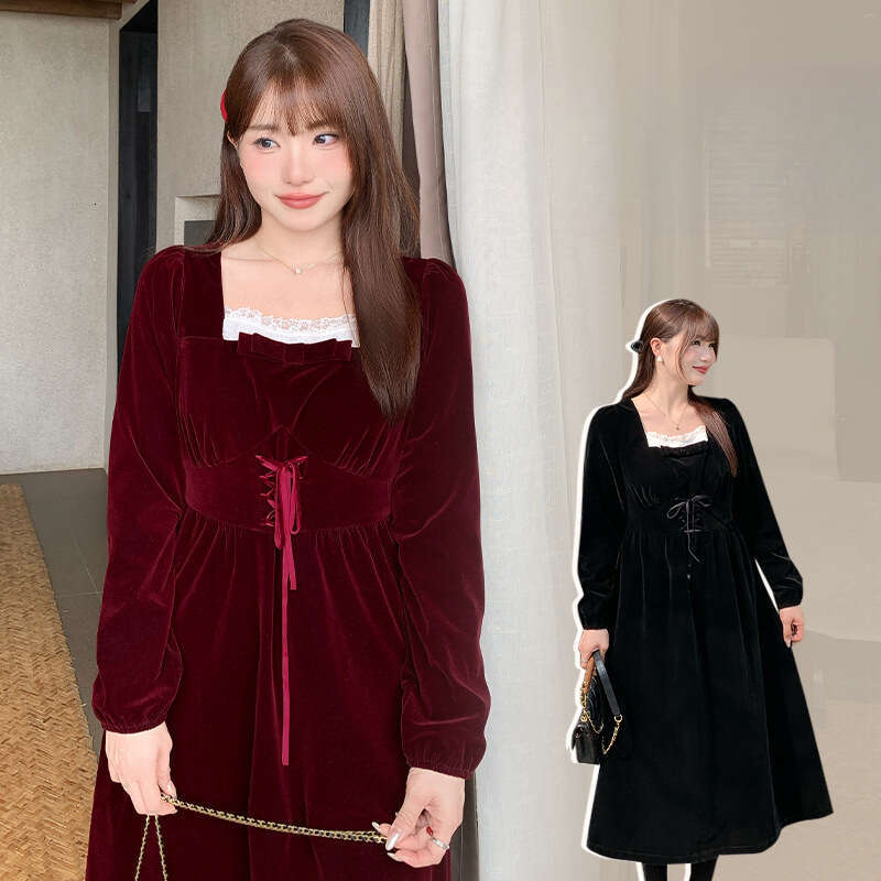 Autumn Winter New Square Neck Velvet Vintage Plus Size Women S Slimming Lace Patchwork Waist Dress Women S Luxury Clothing