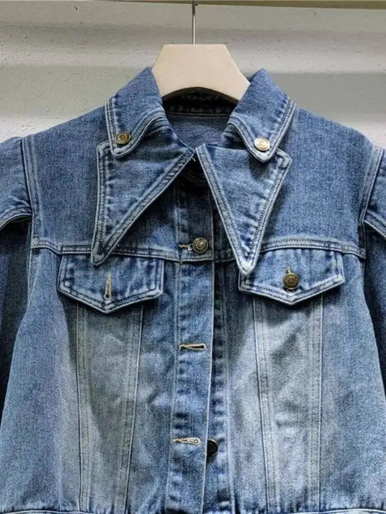 DEAT Trendy Womens Ruffled Edge Offshoulder n Denim Coat Autumn Fashion Lapel Long Sleeve Jacket Female 33A1708 251229