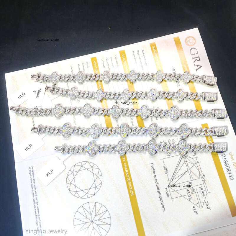 VVS Moissanite S925 Silver D VVS Hip Hop Silicon Stone Iced Four-Leaf Clover Cuban Chain Bracelet