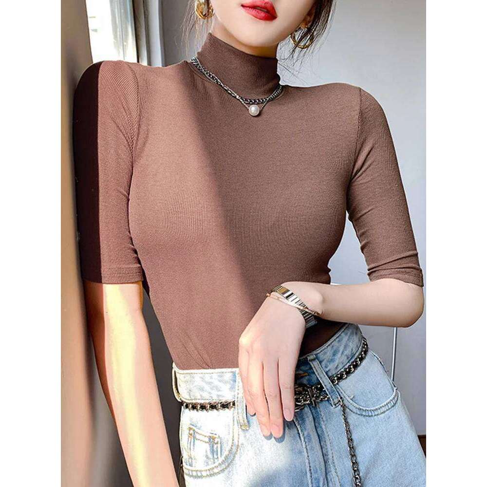 Basic Cotton T Women Turtleneck Slim Tshirt Short Sleeve T-shirts Female Casual Elasticity White Tee Shirt Femme Woman Top