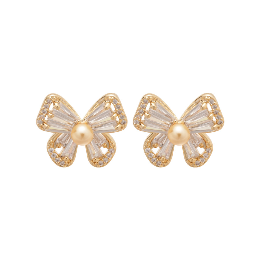 Real Gold Plated Zircon Butterfly Pearl Stud Exquisite Elegant Versatile Light Luxury High-end Feel Earrings for Women - view 8