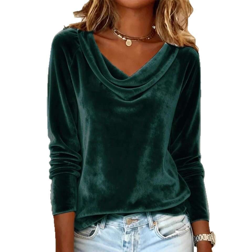 2026 European and American Cross-Border Fashion Women's New Solid Color Swing Collar Long Sleeve Sexy Velvet T-Shirt