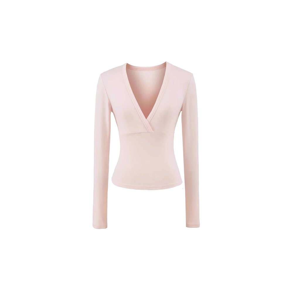 American Style Spicy Girl Subtle Deep V-Neck Waist-Cinching Long Sleeve T-Shirt for Women Autumn Stretchy Slim Fit Base Layer Slimming Inner Top