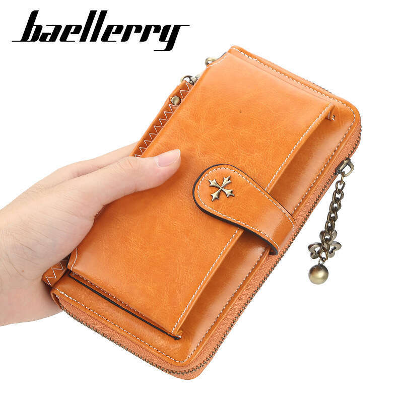 Women's Long Wallet Baellerry European and American Style Buckle Oil Wax Leather Handbag Large Capacity Vintage Phone Bag Hot Item