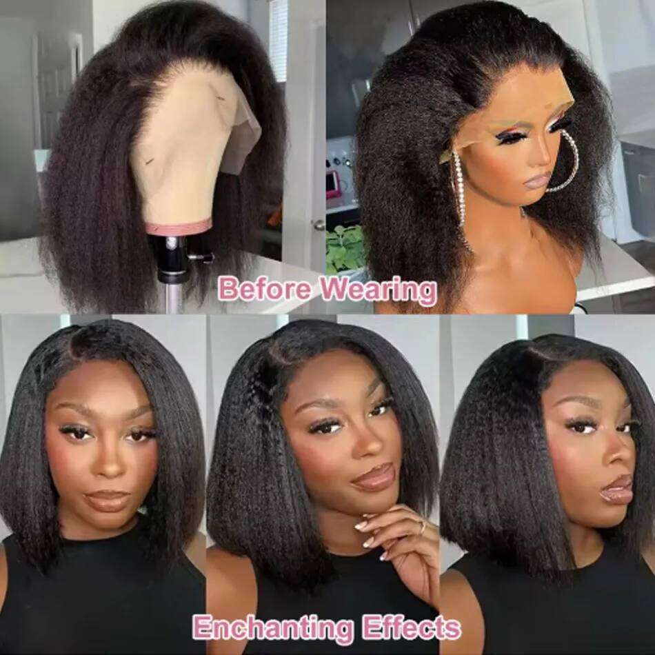 Glueless Kinky Straight Short Bob 100% Human Hair 13x4 Frontal HD Transparent Lace Peruvain Remy Soft Yaki Wear And Go Wig