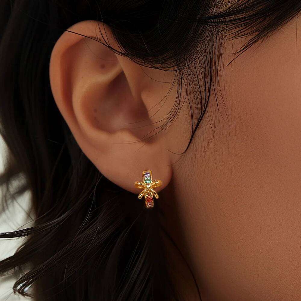 Aide 925 Sterling Silver Bow Inlaid Colored Zirconia Hoop Piercing Stud Earrings For Women K Gold Simple Bohemian Jewelry