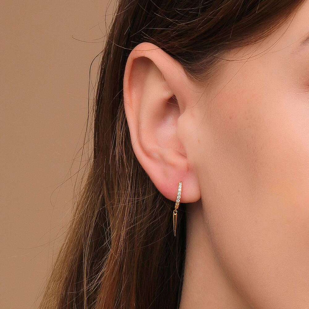 Aide 925 Sterling Silver Long Spike Cone Charm Dangle For Women Crimped White Zircons Set Circle Huggie Earrings Jewel