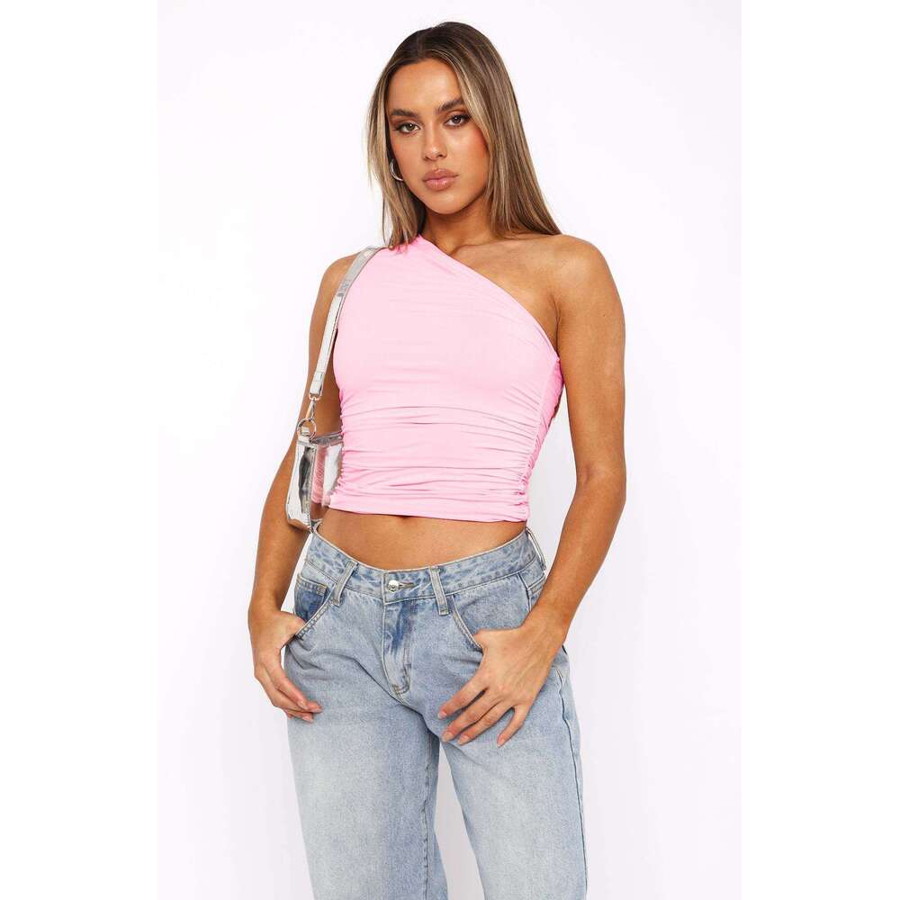 S32213 European and American Style Spring Summer New Y2K Hot Girl Women's Clothing Off-Shoulder Sleeveless Sexy T-Shirt Design Slim Fit Top