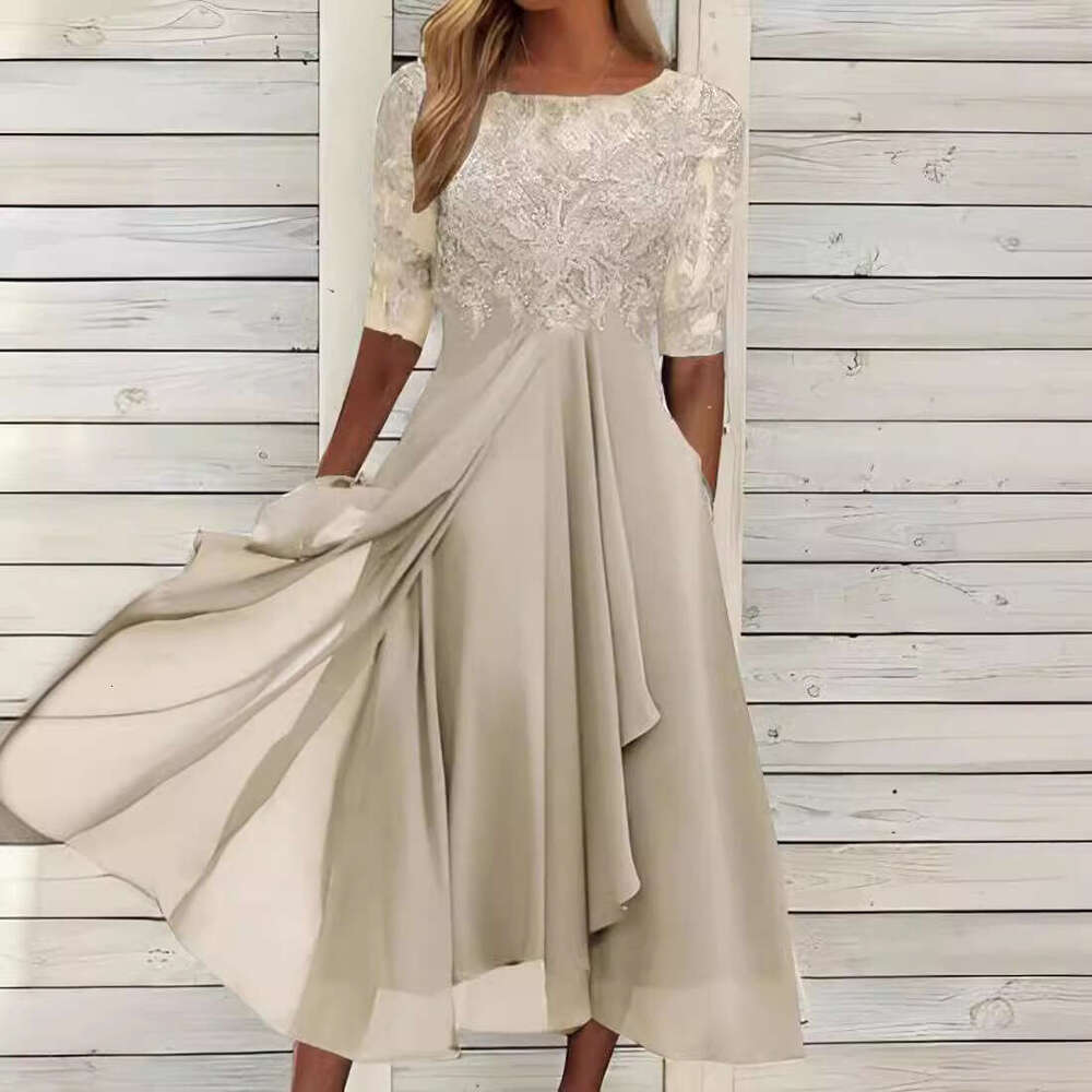 2026 European Station Cross-Border Chiffon Patchwork Lace Hollow Long Dress Bridesmaid Evening Gown Women's Clothing