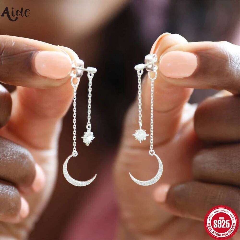 Aide 925 Sterling CZ Star Moon Asymmetric Hoop Earrings for Women Girls Silver Christmas Party Jewelry Gifts