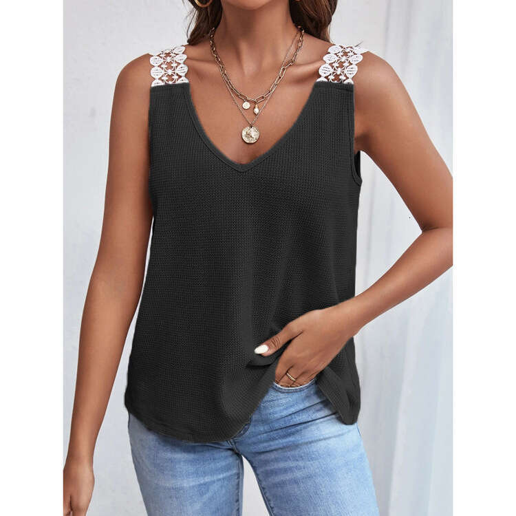 2026 European and American New Women's Solid Color Casual Lace Waffle Patchwork Tank Top T-Shirt