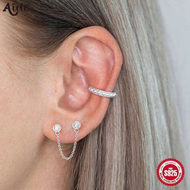 Aide 1PC 925 Sterling Silver Double Pierced Long Chain Zircon Stud Earrings Female Fashion Temperament Lover Gift Fine Jewelry