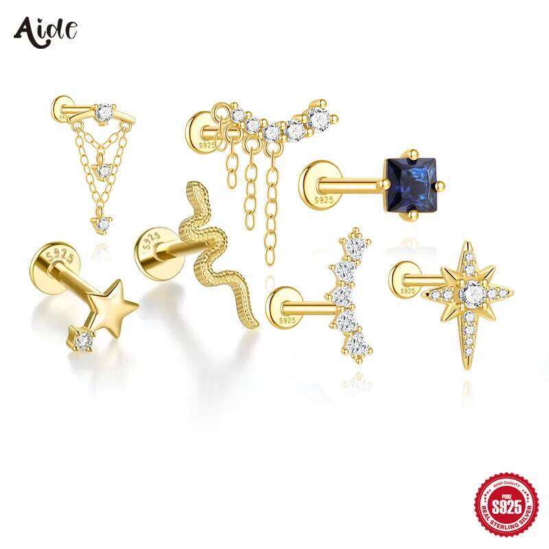 Aide 925 Sterling Silver Bar Hollow Star Stud Earrings Zircon Lightning Ear Piercing Helix Tragus Cartilage Conch Labret Jewelry