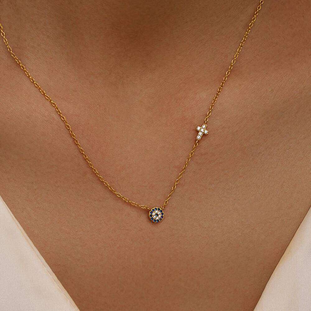 Aide Blue Crystal Eyes Pendants Classic Fashion 925 Sterling Silver Gold Color Necklace For Women Lucky Cross collars Jewelry