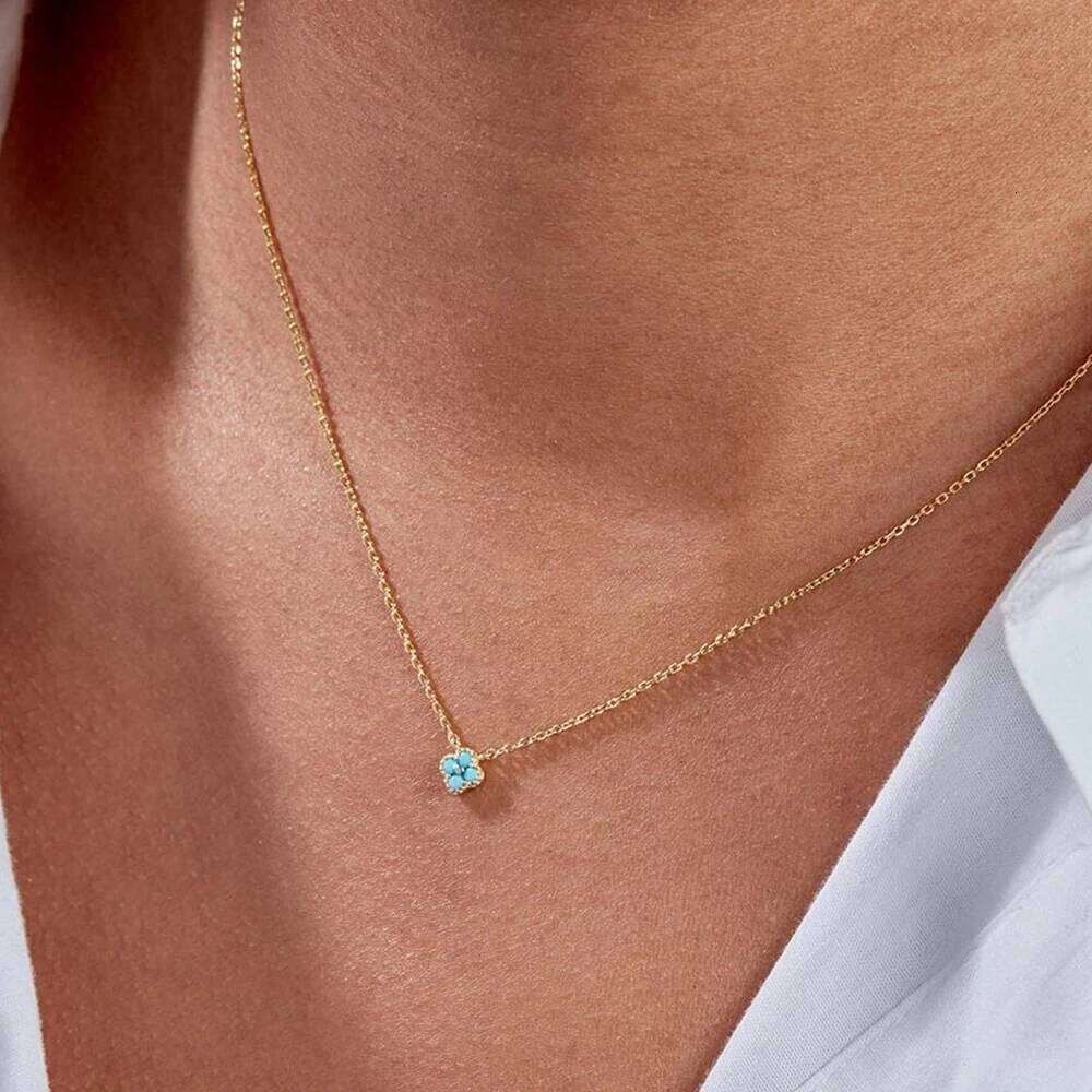 Aide Blue Four Petals Turquoise Pendant Clavicle Chain 925 Sterling Silver Necklace For Women 18K Gold Fine Jewelry Wedding Gift