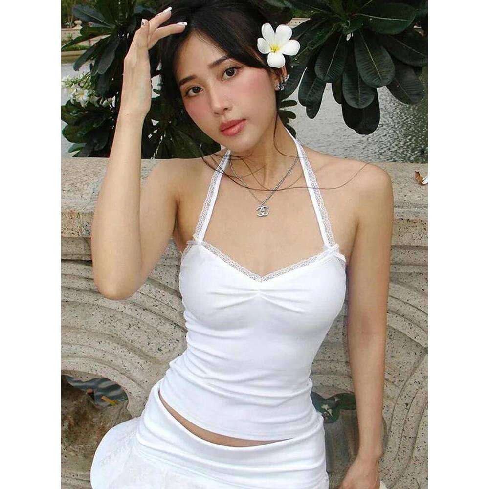 Solid Lace-up Halter Crop Top y2k Folds V-neck Sleeveless Black Knitted Tank Tops Women Vintage 2000s Basic Tee Harajuku