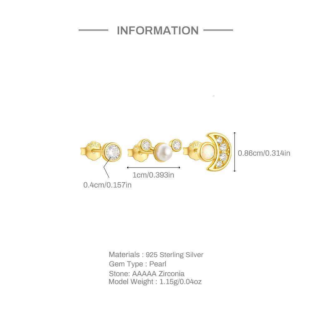 Aide 925 Sterling Silver 3pcs Set Moon Inlaid Zircon With Pearl Piercing Stud Earrings For Women K Gold Bohemian Elegant Jewelry