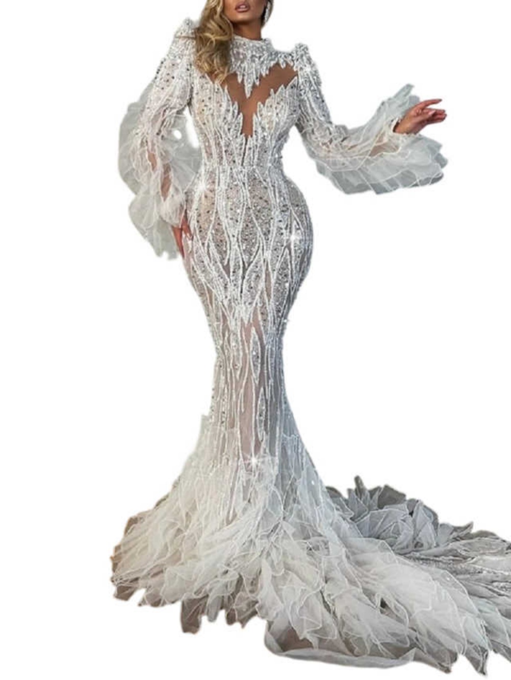 Fashion High Neck Beaded Mermaid Wedding Dress Sexy Long Sleeve Sequins Bridal Gown Floor Length Ruffle Bride Dresses Customized