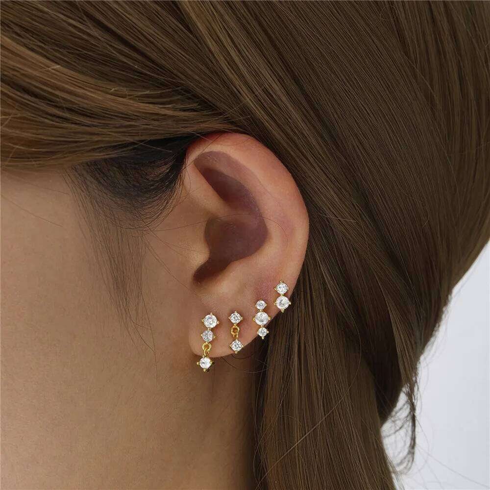 Aide 925 Sterling Silver 4PCS Set 7.5/9/10/13mm Zircon Piercing Stud Earring For Women Luxury Gold Pendientes Dangling Jewelry