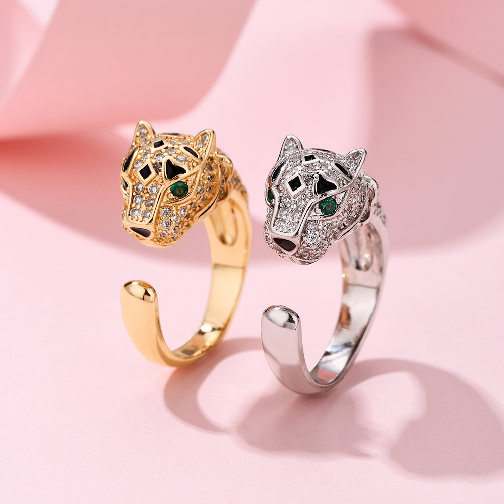 Luxury Brand Designer Jewelry Exquisite European And American Style Full Diamond Green-Eyed Leopard Head Ring For Women With Elegant And Fashionable P
