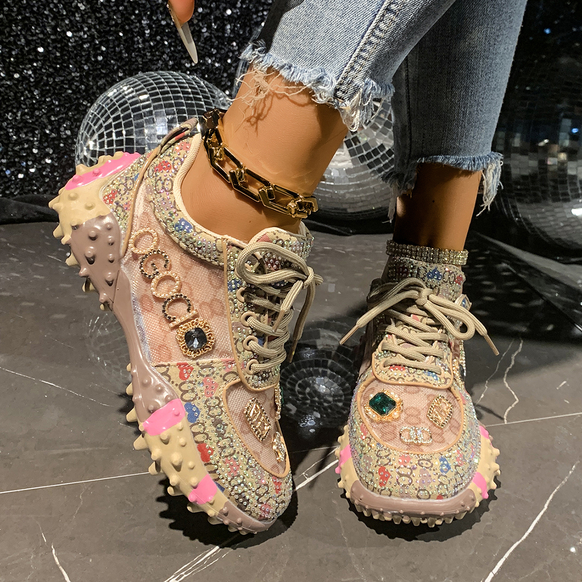 Women's Fashion Shoes Rhinestones Diamonds Embellished Luxury Shoes Rhinestones Designer Sneakers Thick Bottom Non Slip Running Shoes Zapatillas 