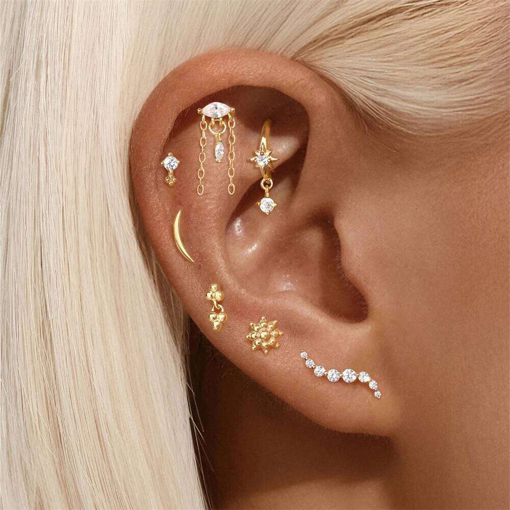 Aide 1pc 925 Sterling Silver Romantic Luxury Zircon Stars Screw Bead Stud Earrings for Women Korean Ear Bone Piercing Jewelry