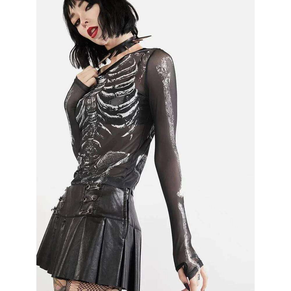 Spring/Summer Gothic Punk Shirt 2000s Women's Skull Pattern Round Neck Long Sleeve Black y2k T-shirt Street Wear