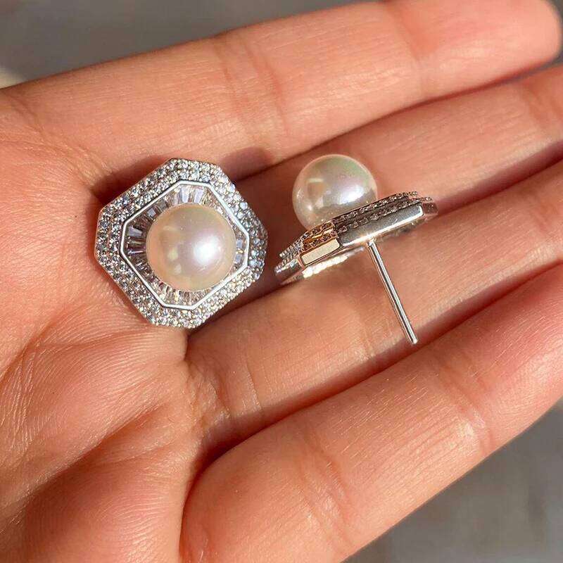 Huitan Gorgeous Square Shaped Stud Earrings with Imitation Pearl Full Sparkling Cubic Zircon Wedding Party Luxury Trendy Jewelry
