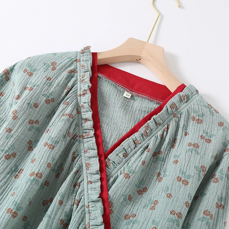 Cotton Doublelayer Gauze Kimono Robes with Long Pants Pajamas Set for Womens Spring and Autumn Thin Style Retro Home Clothes 251231