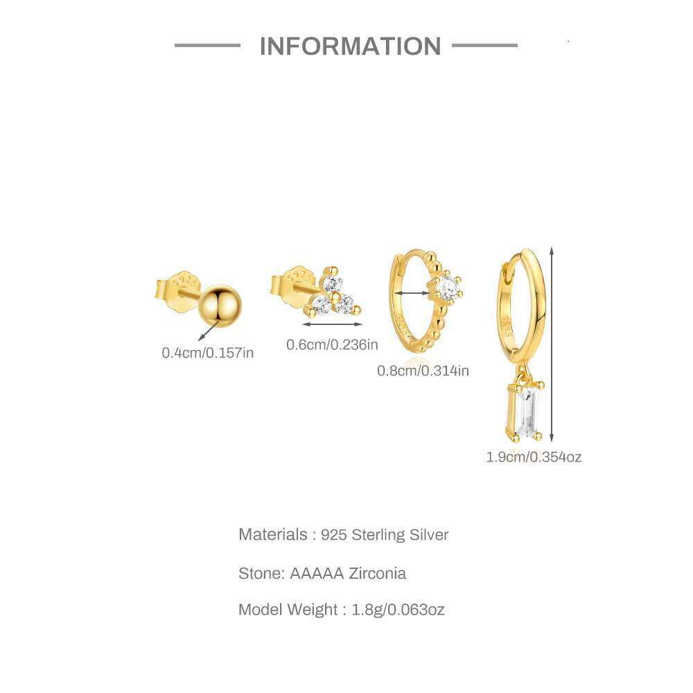 Aide 4pcs Real 925 Sterling Silver Women's Zircon Hoop Earring Delicate Handmake Daily Wear Studs Accessory Fine Jewelry Set