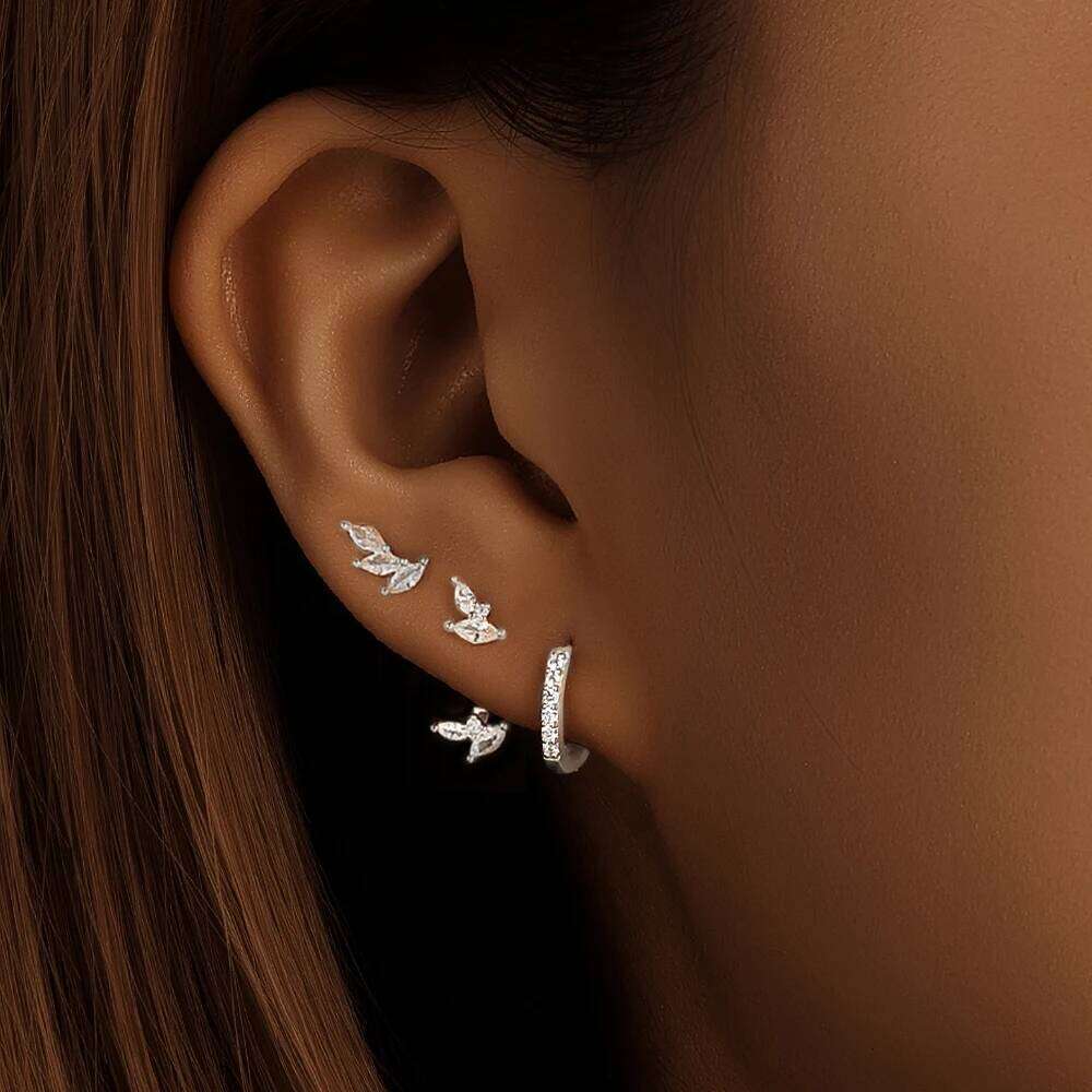 Aide 3pcs/ Set S925 Sterling Silver Leaf Clear Zircon Piercing Earrings for Women Gold Ear Buckles Jewelry Brincos Pendientes
