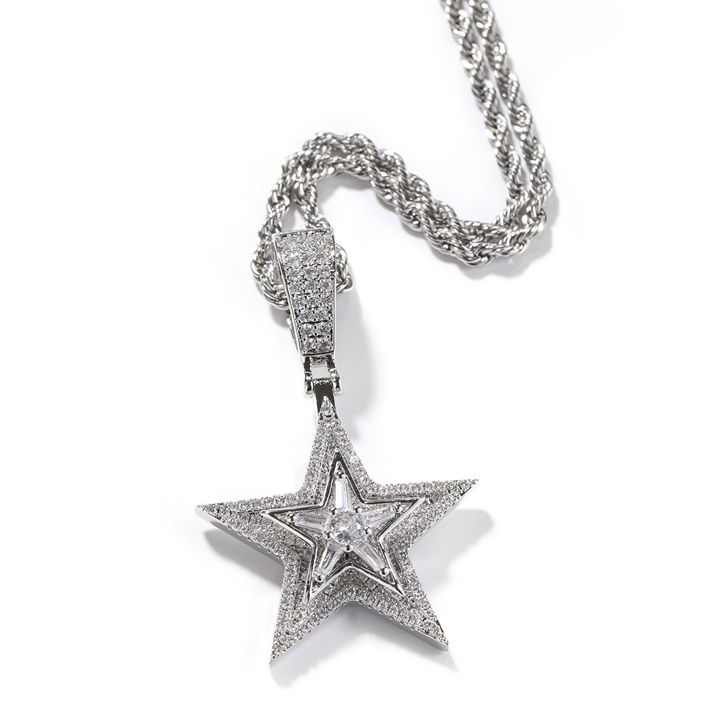 Rotatable Full Zircon Five Pointed Star Pendant Necklace Gold Plated Hip Hop Rap Jewelry