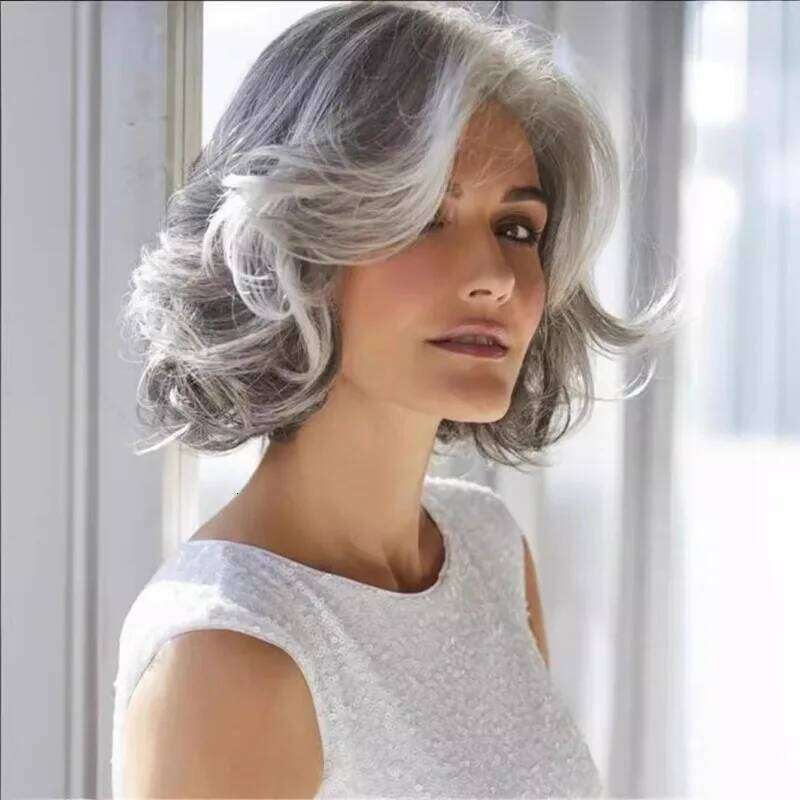 Women's European American Wig Gray-White Short with Fullness Side-Swept Long Bangs Export Synthetic Hair Cap