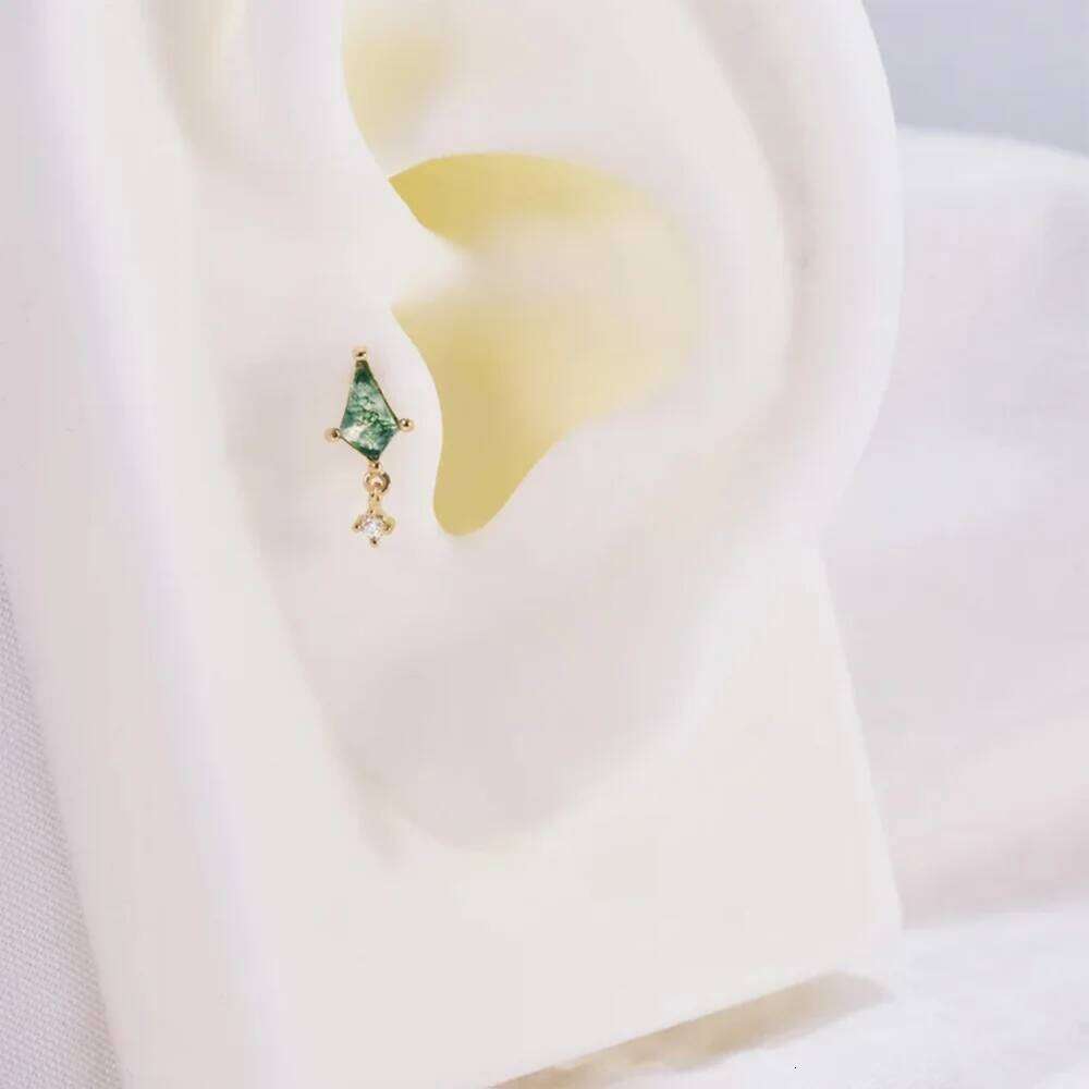 Aide 925 Sterling Silver Water Grass Colored Natural Eye Agate Beads Stud Earring Women Flat Bottomed Perforated Ear Studs