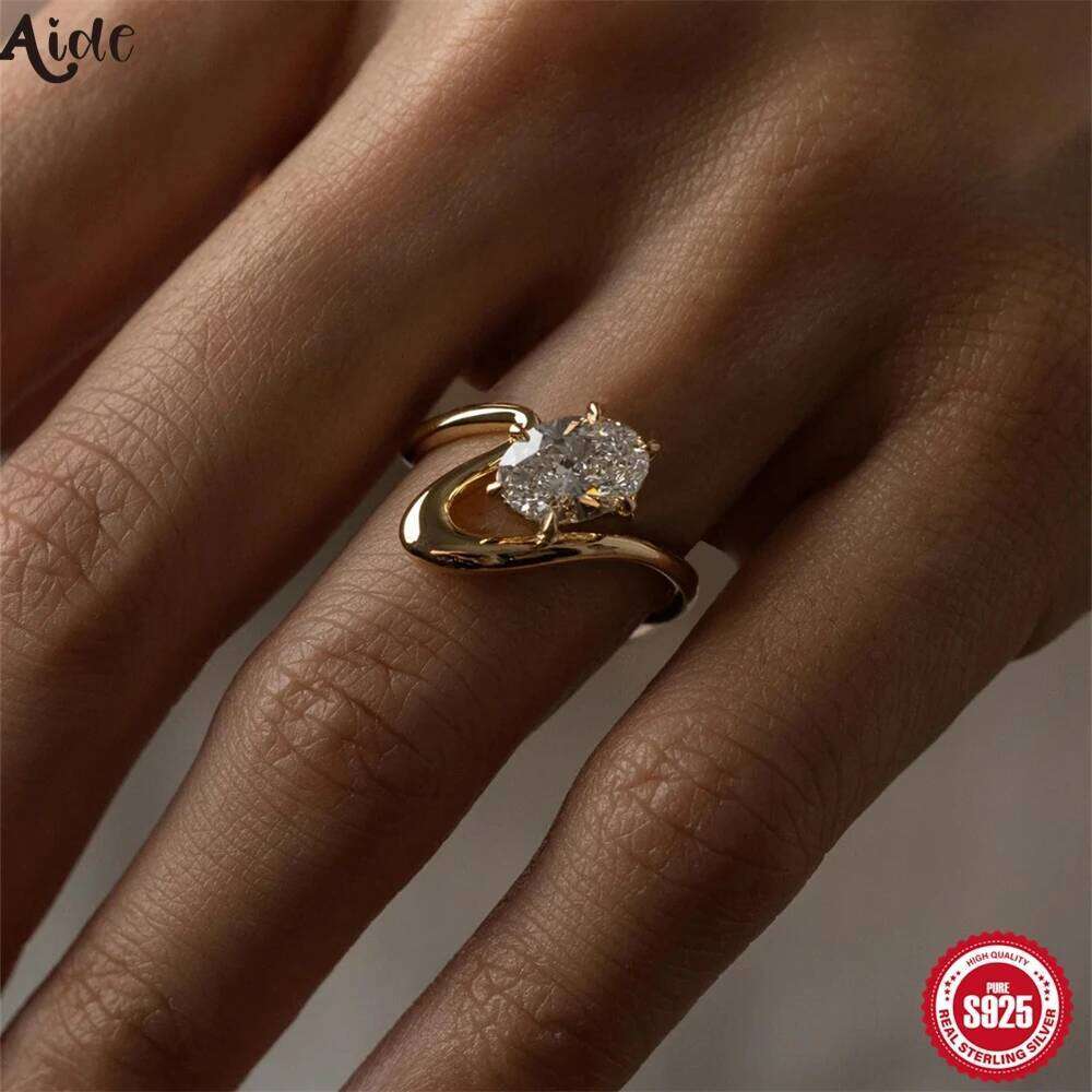 Aide 925 Sterling Silver Big Waterdrop Zircon Wavy Ring INS Fashion Minimalist Geometric Lines Wedding Party Anillo Jewelry