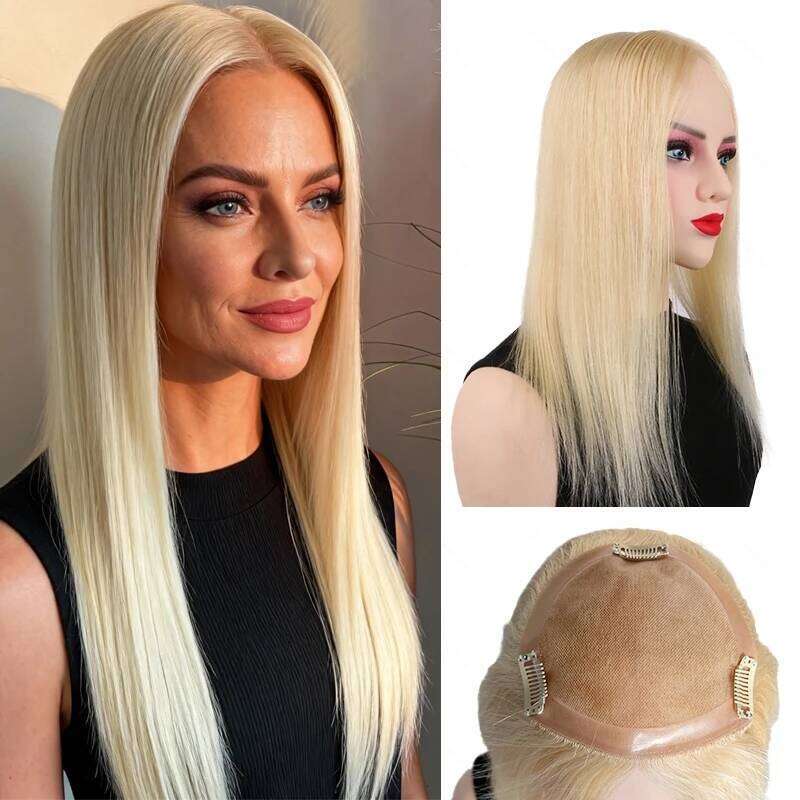 613 Blonde Human Hair Toppers 5x5inch Durable Mono Base 14 16 18 inch 130% Denisty Seamless Linepart Can be Dyed & Restyled